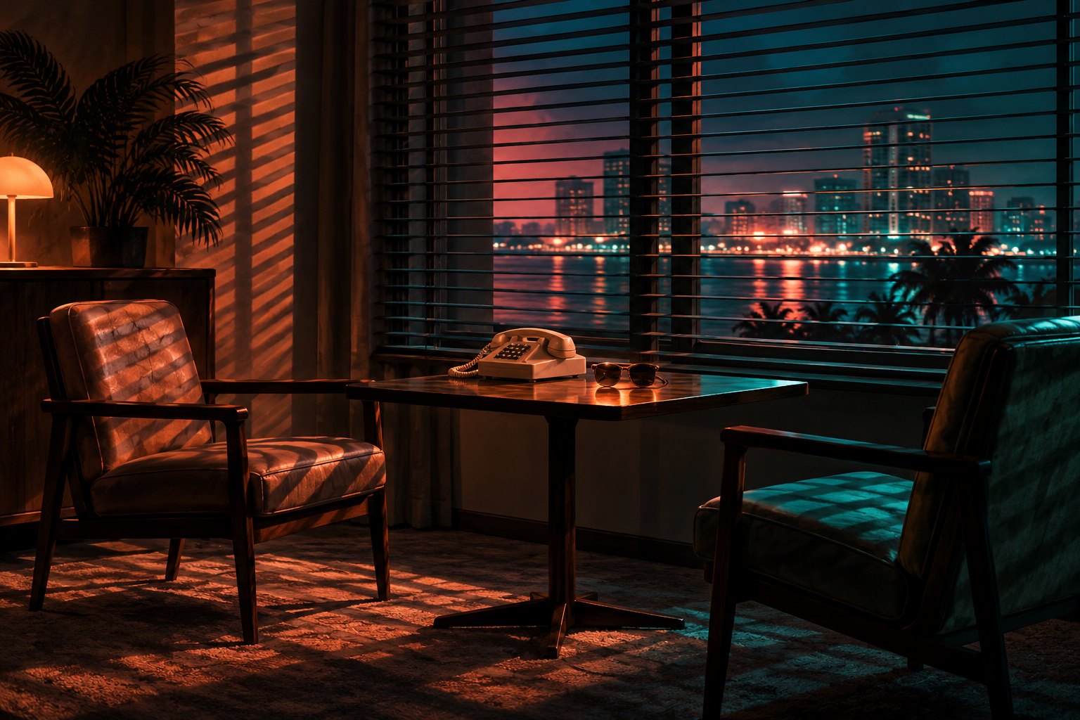 Illustrated apartment with two empty chairs, a telephone, and sunglasses under coral and teal light.