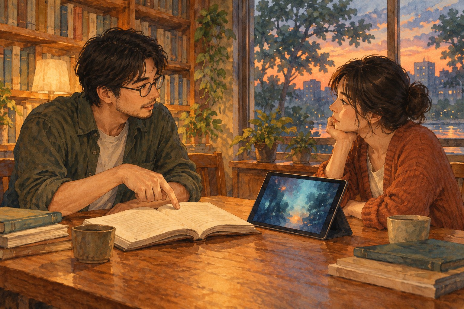 手绘插画中，两位读者在窗边围绕摊开的书交流，桌旁平板映着模糊光影