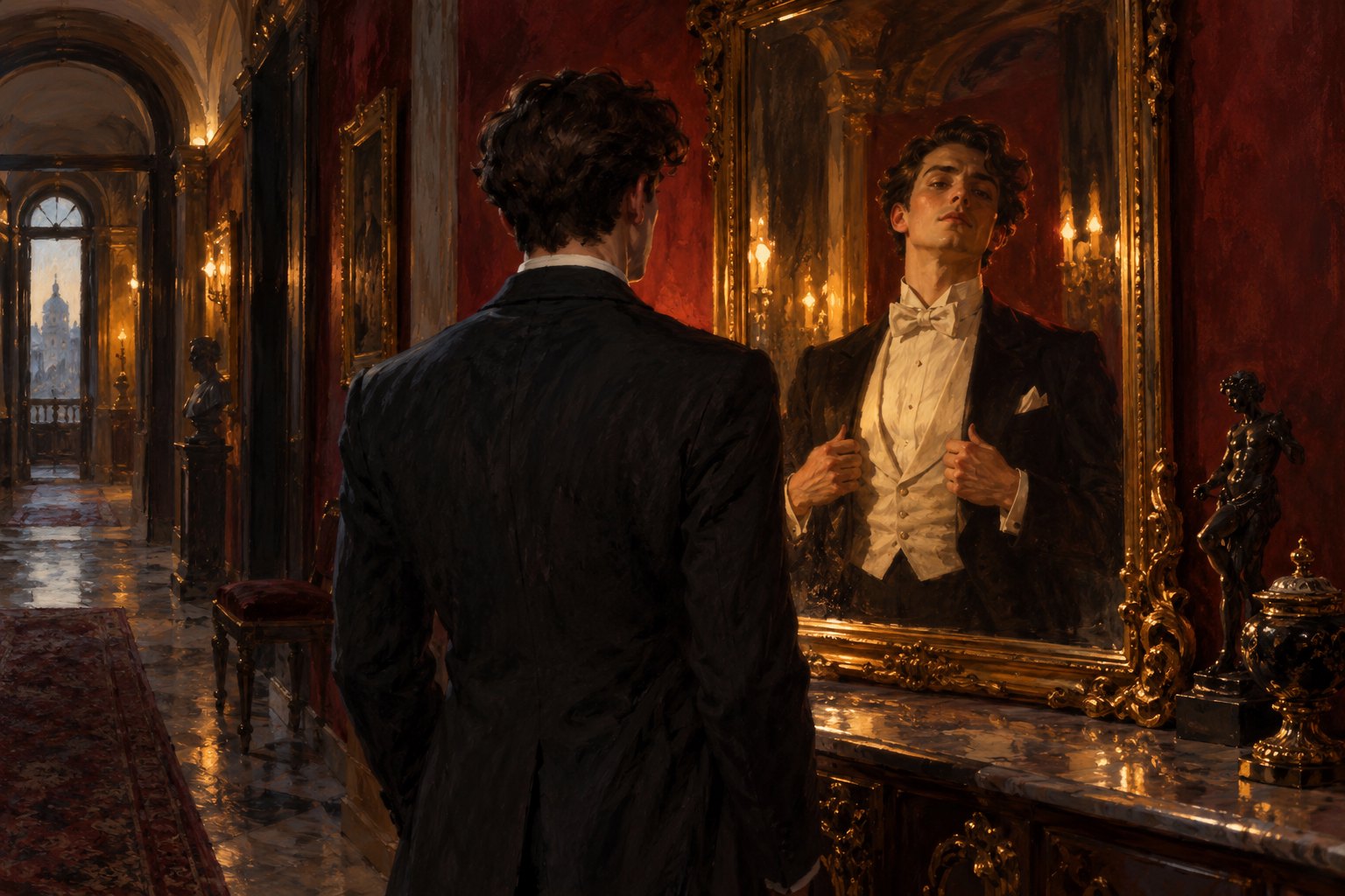 Conceptual illustration of a young man facing a mirror that reflects a more confident version of himself in formal evening wear.