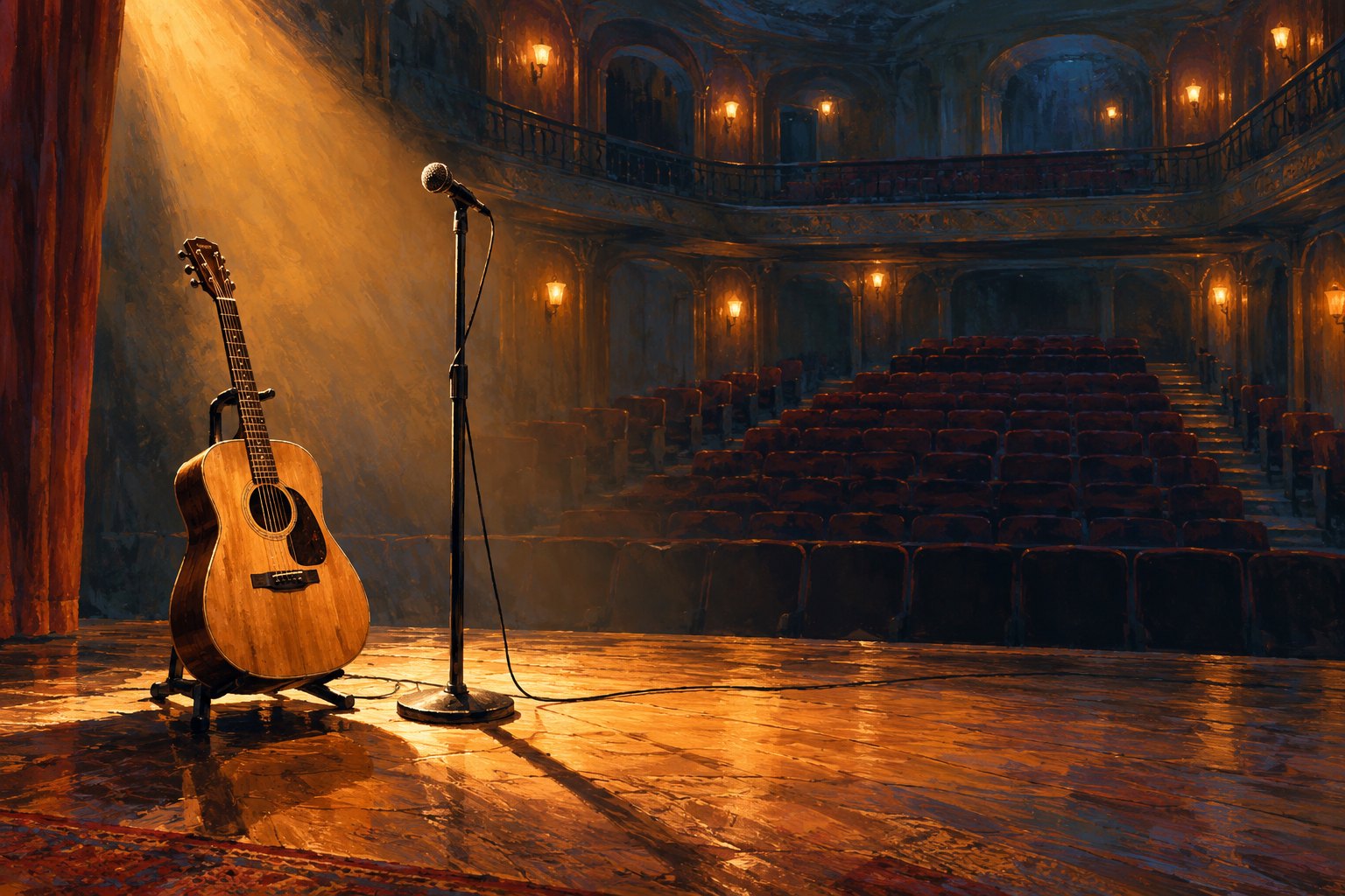 Painterly illustration of an acoustic guitar and microphone under an amber spotlight in an empty theater.