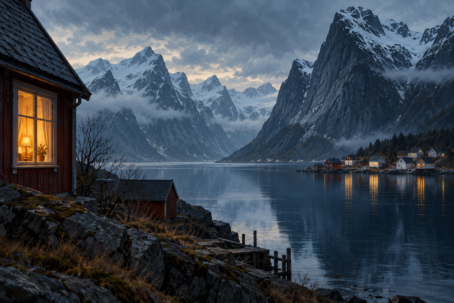 Painterly conceptual illustration of homes beside a misty Norwegian fjord, with a warmly lit window beneath towering mountains.