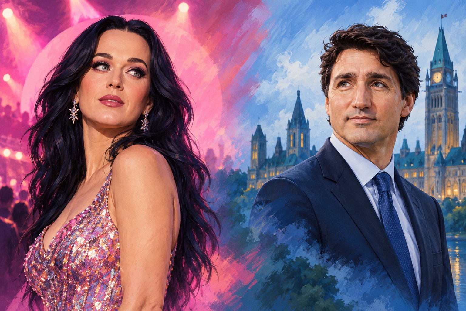Editorial illustration pairing Katy Perry against pink concert lights with Justin Trudeau against blue parliamentary architecture.