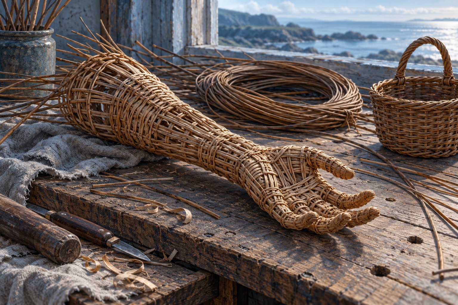 Conceptual illustration of an unfinished wicker arm and hand on a coastal workshop bench beside willow coils and a basket.