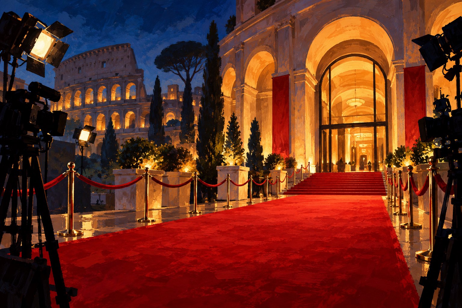 Conceptual illustration of an empty red carpet leading toward a glowing Roman-style cinema entrance, framed by cameras.
