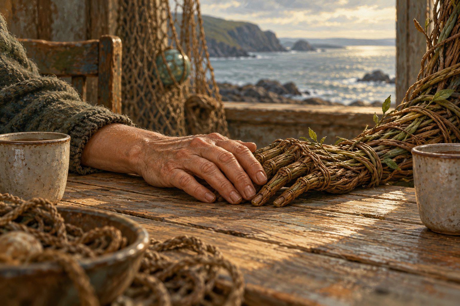 Conceptual illustration of a woman's hand touching a woven willow hand beside ceramic cups and fishing nets.
