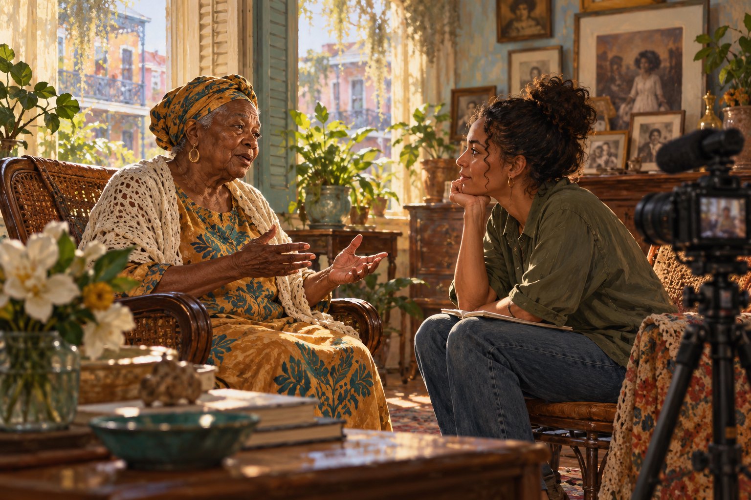 Conceptual illustration of an older woman sharing a story with a filmmaker beside a camera in a sunlit New Orleans home.