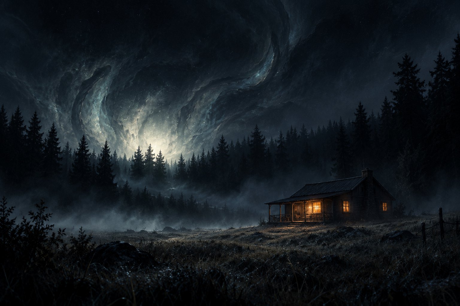 Conceptual illustration of an isolated cabin beneath an ominous night sky, with pale light rising behind a dark forest.