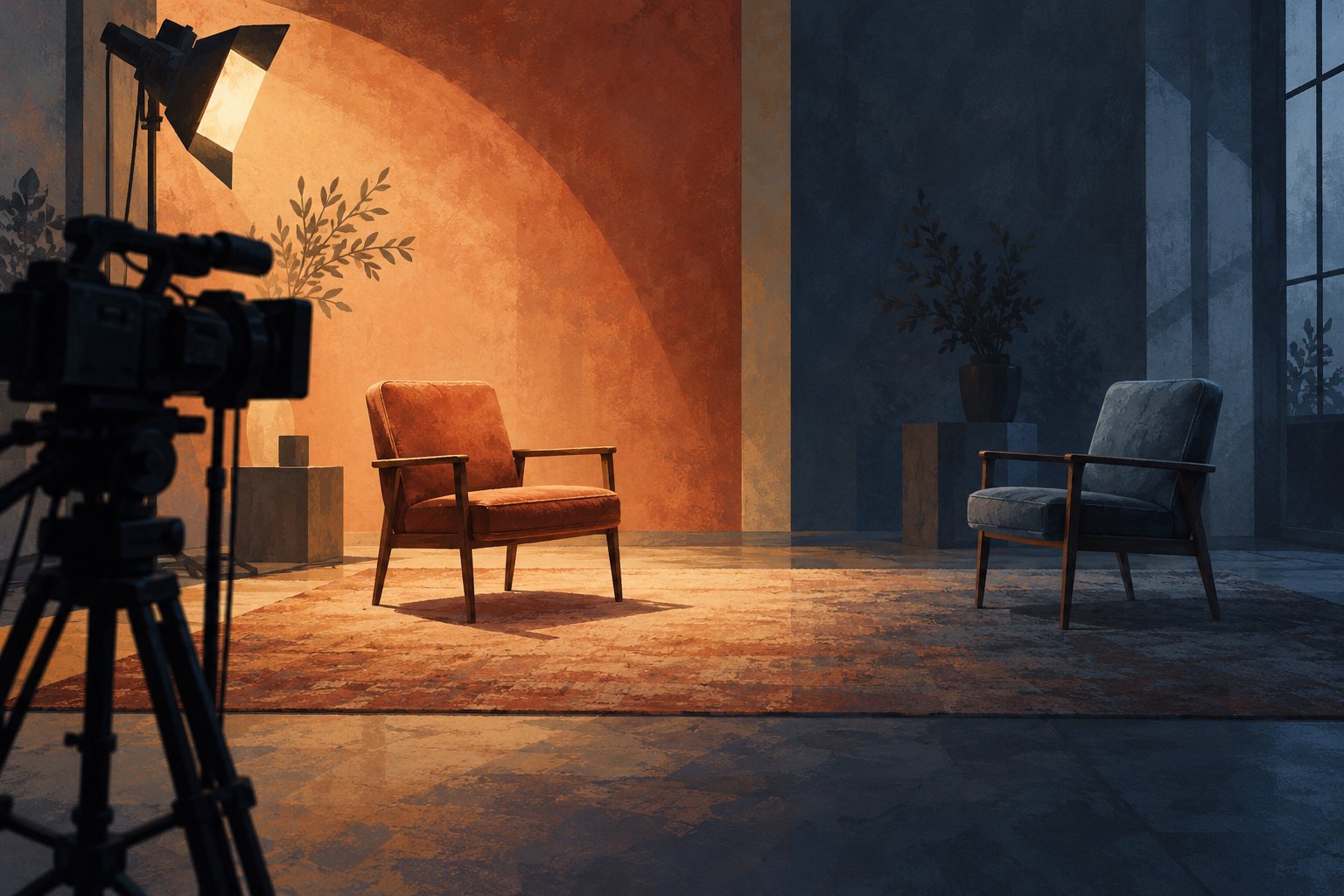 A film projector casts warm light and filmstrip-shaped shadows across blank papers on a dark table.