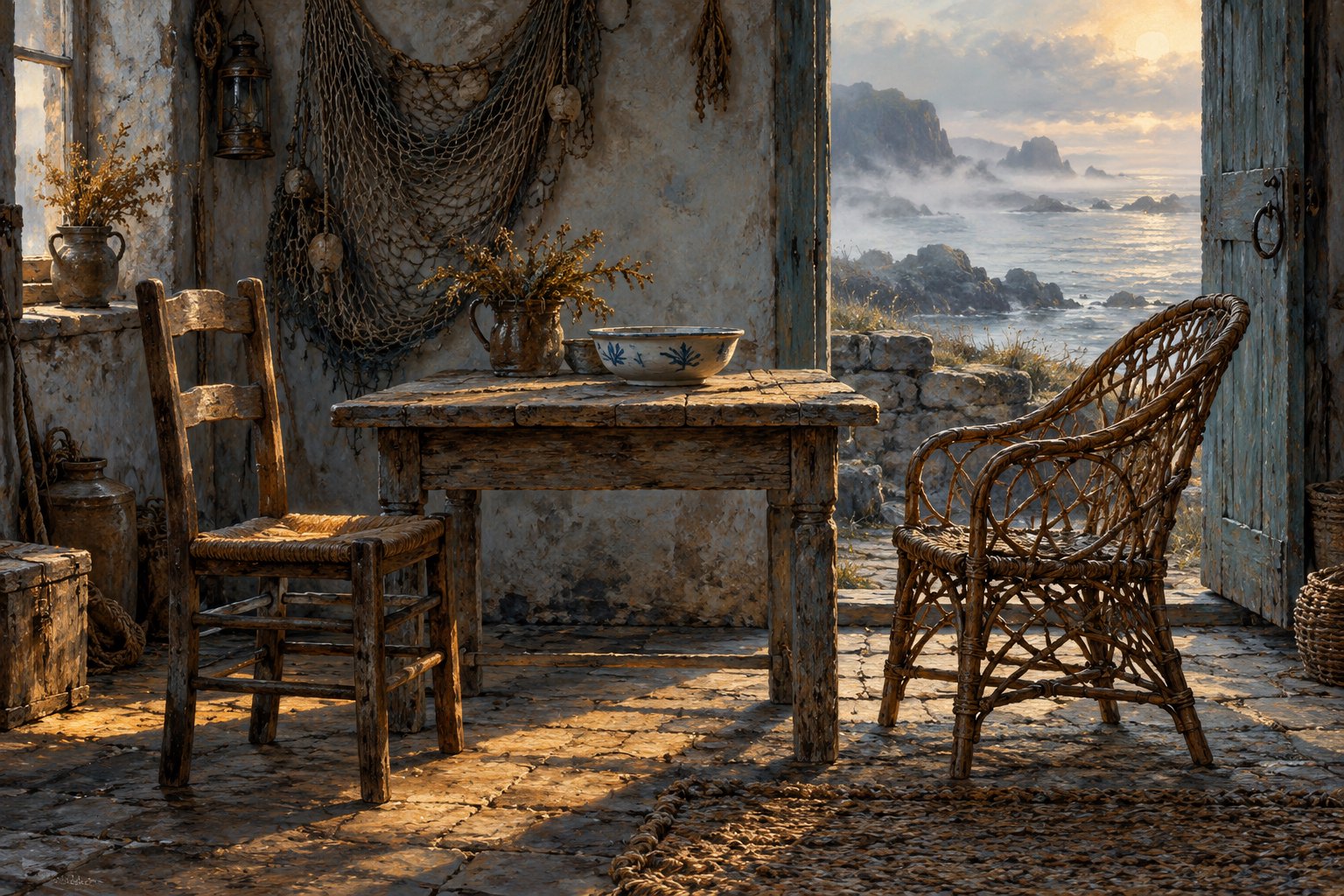 An illustrated wooden chair and woven willow chair beside a rustic table in a seaside cottage.