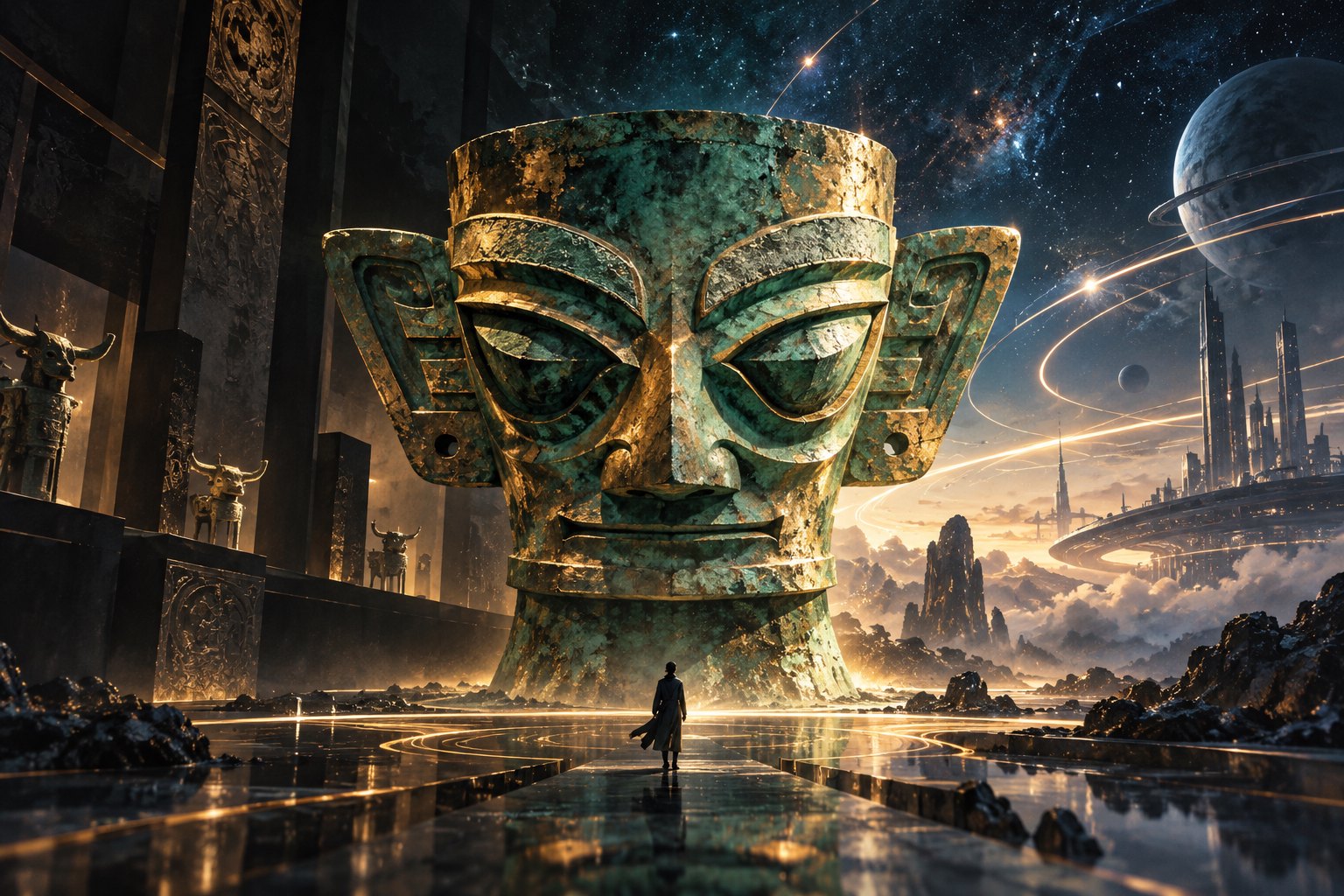 巨大的青铜面具意象连接古老建筑与未来星空,前景站着一名人物的概念插画,非电影剧照