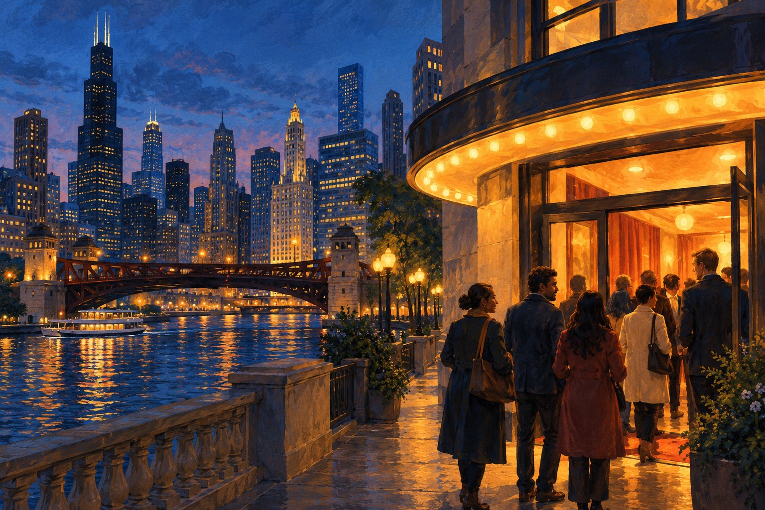 Editorial illustration of an imagined Chicago riverfront cinema glowing beneath the skyline at dusk.