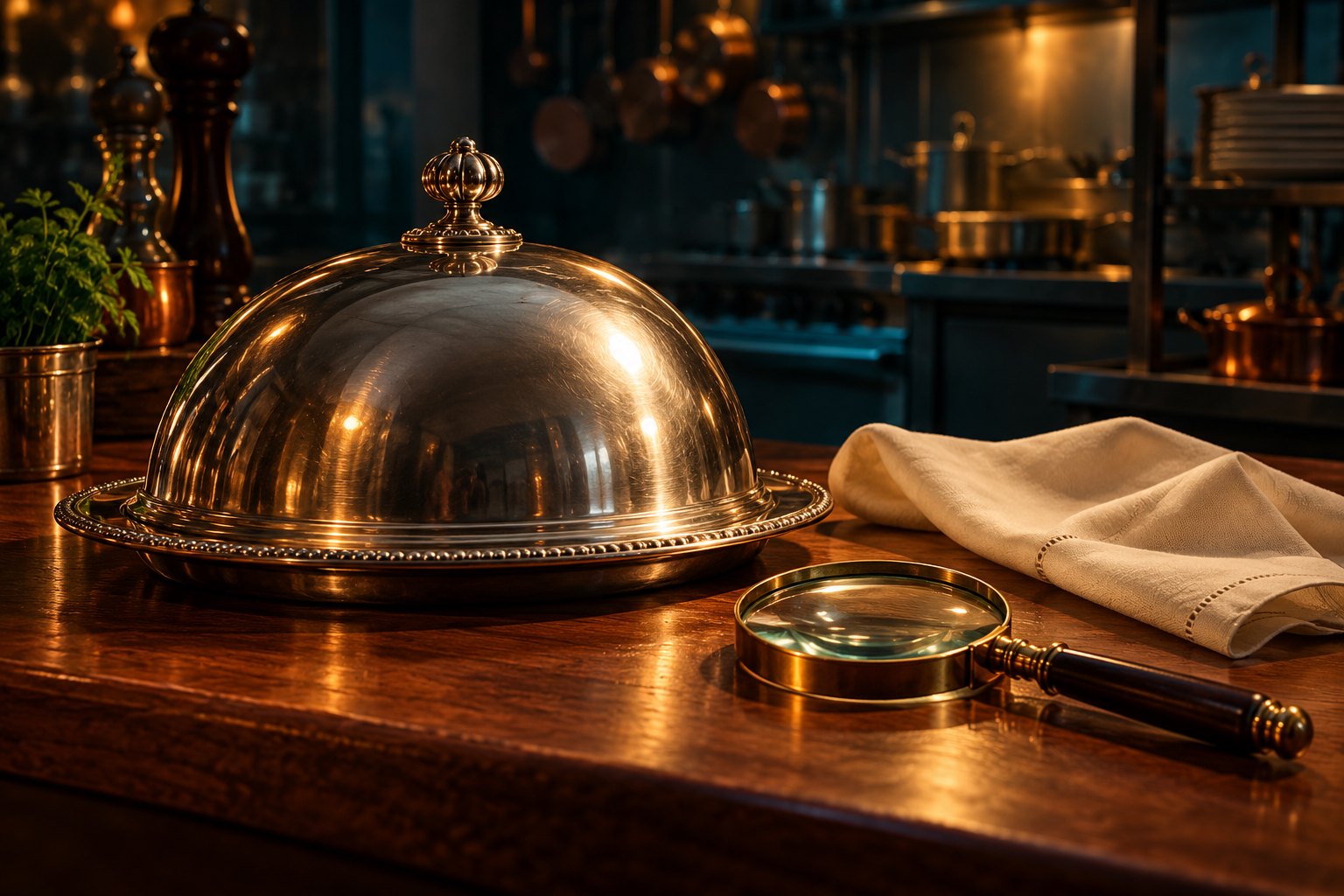 Conceptual illustration of a covered silver serving dish and magnifying glass on a warmly lit kitchen counter.