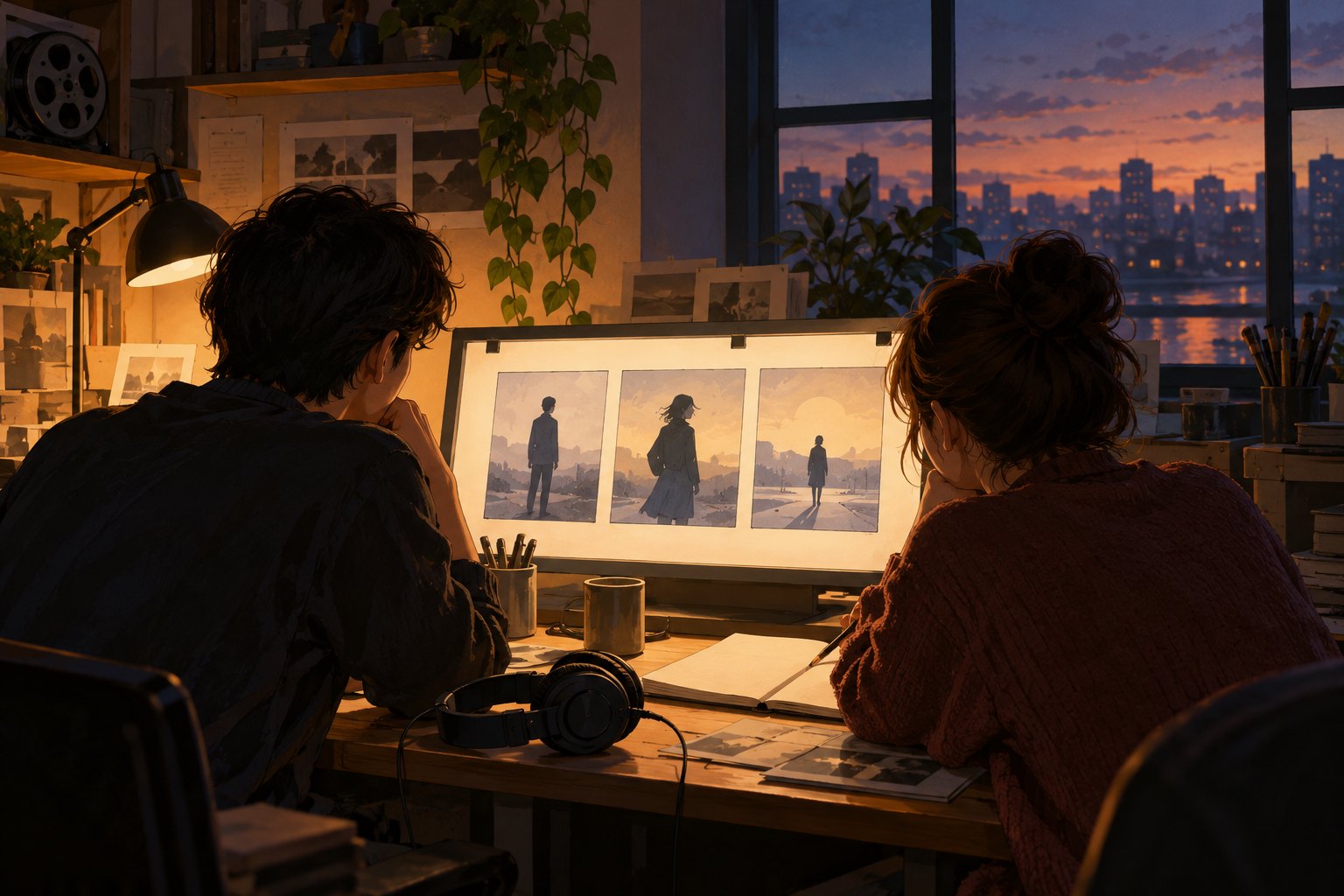 两位青年创作者在剪辑室观看人物动作分镜的概念插画,非《鬣狗》剧照