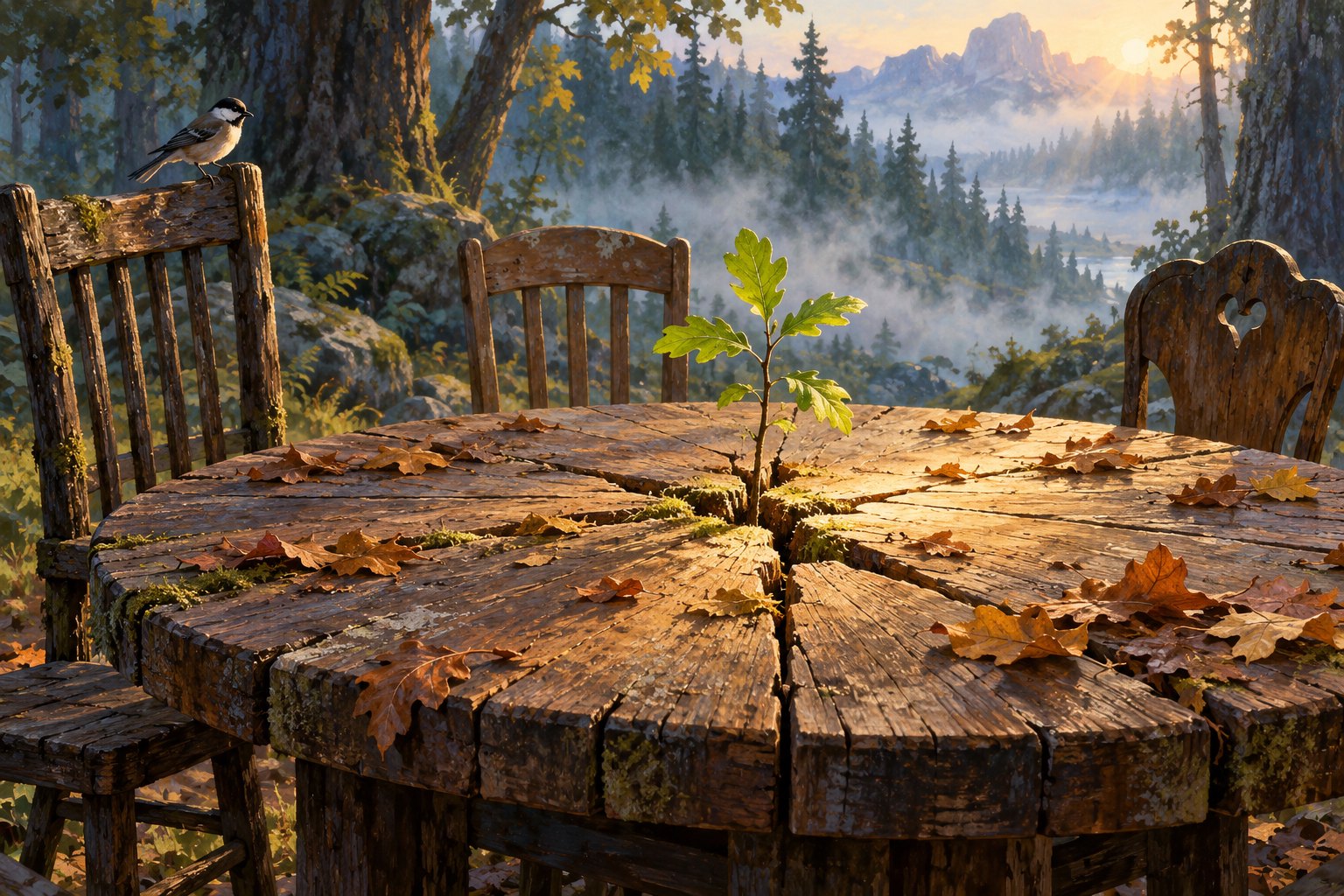 Conceptual illustration of a sapling growing through a cracked woodland council table surrounded by empty chairs.