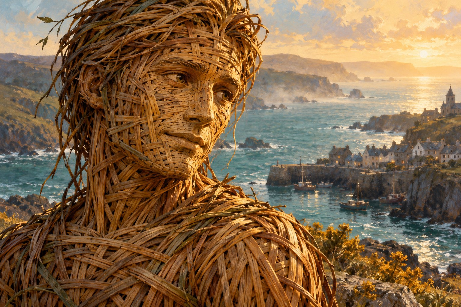 Conceptual illustration of a woven willow man overlooking a coastal village in golden evening light.