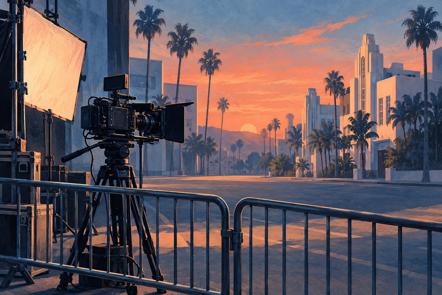 Conceptual illustration of a cinema camera behind a portable barrier on a palm-lined urban street at dusk.
