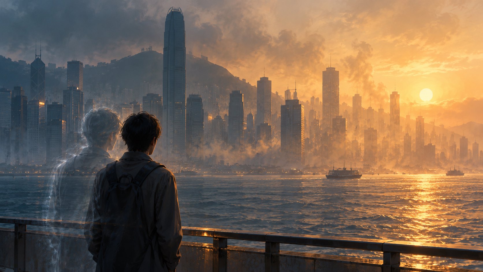 未來訪客的重疊身影站在港灣旁,凝望熱霧中的城市,為文章主題概念插畫,非電影劇照