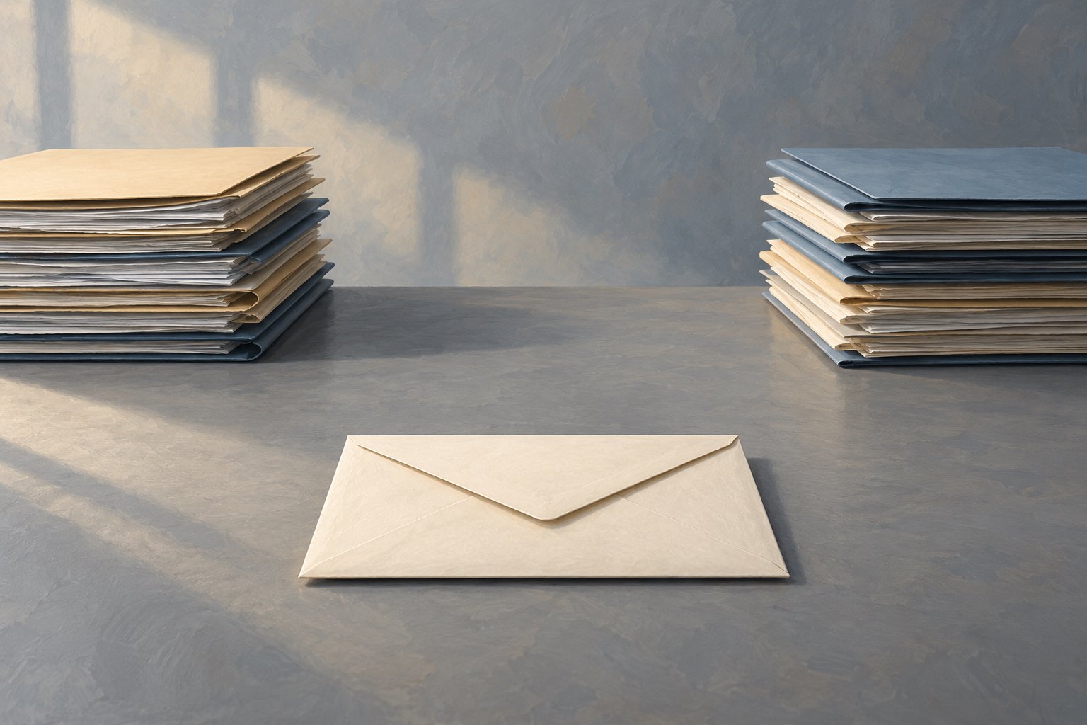 Conceptual illustration of a closed cream envelope on a gray desk with two separated stacks of unmarked files.