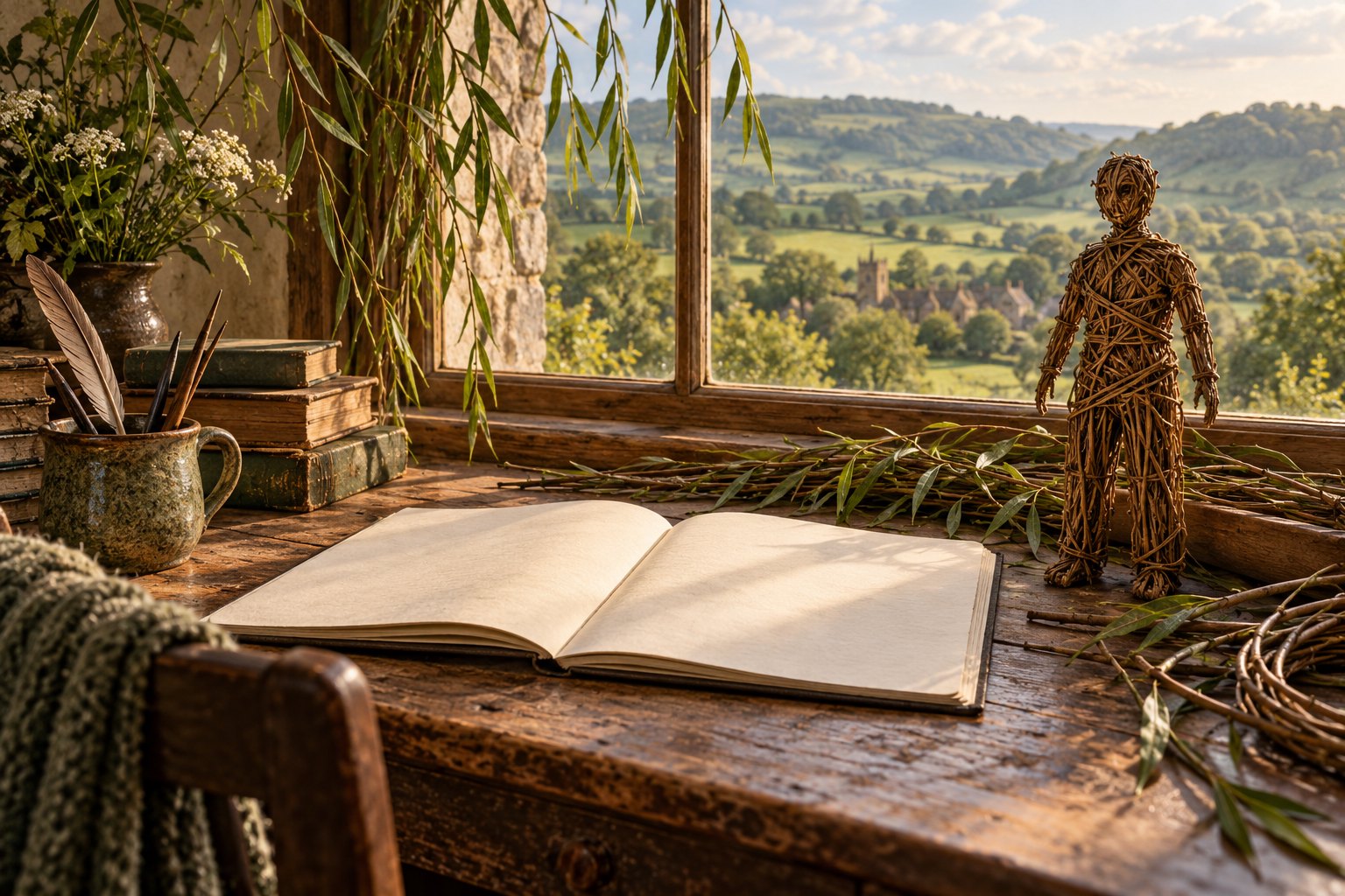 An illustrated writing desk with an open blank notebook and a wicker figure beside a window overlooking green countryside.