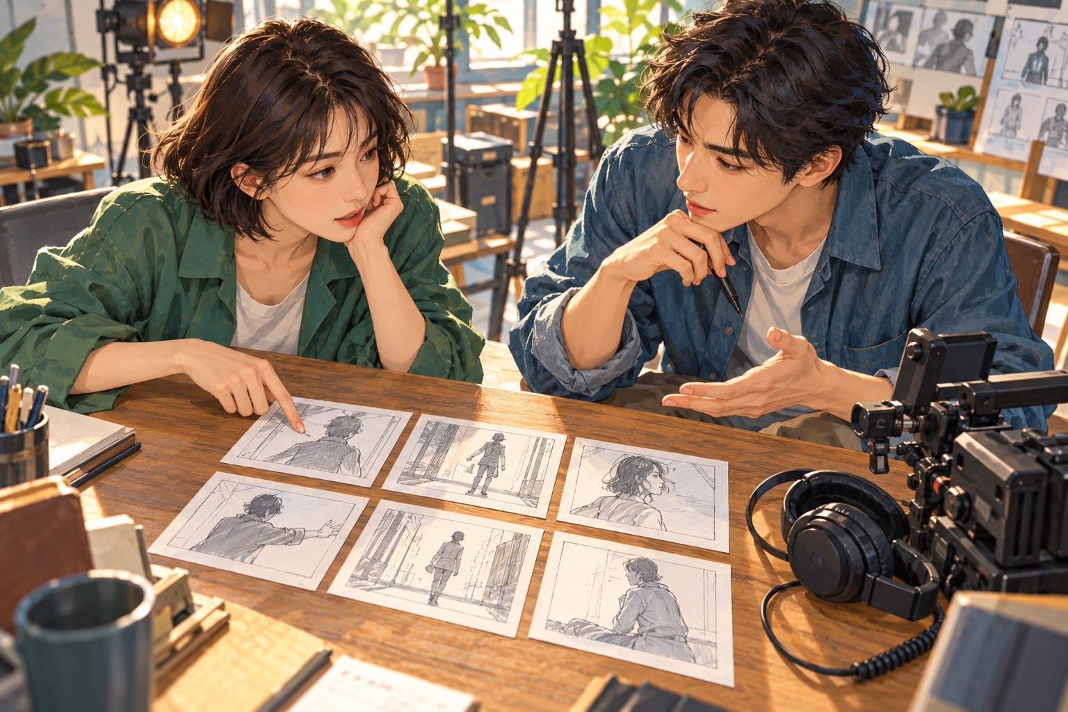 两名青年创作者围坐木桌讨论人物分镜的概念插画
