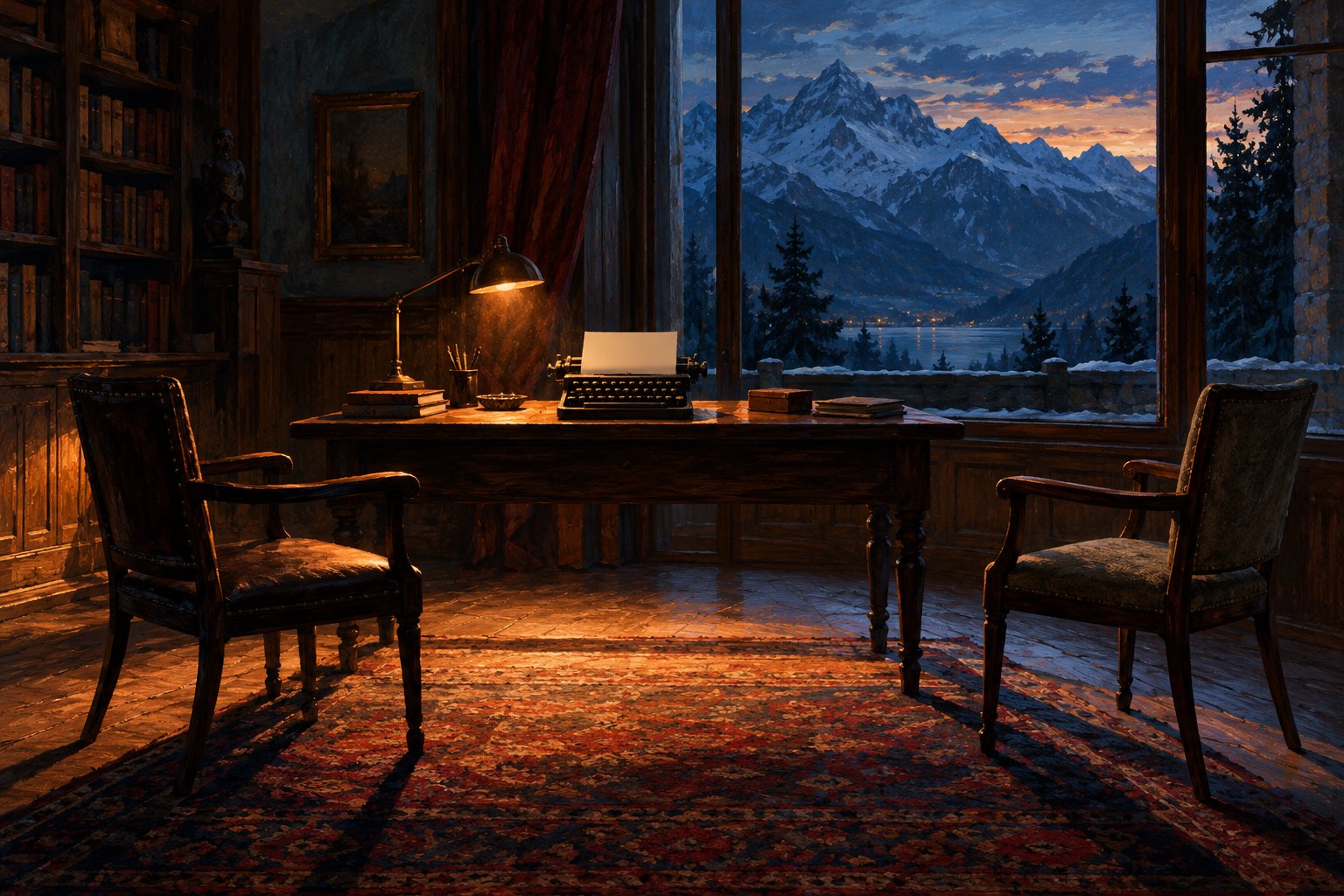 Conceptual illustration of an Alpine writing room with a typewriter, two empty chairs, and snowy mountains beyond the window.