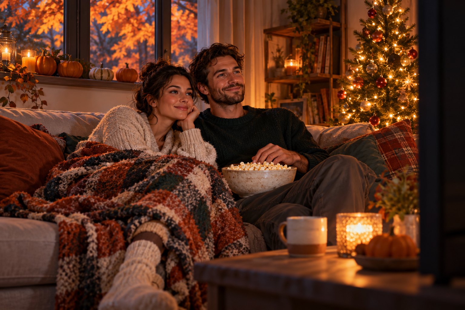 Two adults share popcorn on a sofa beside a Christmas tree, with pumpkins and autumn leaves visible by the window.