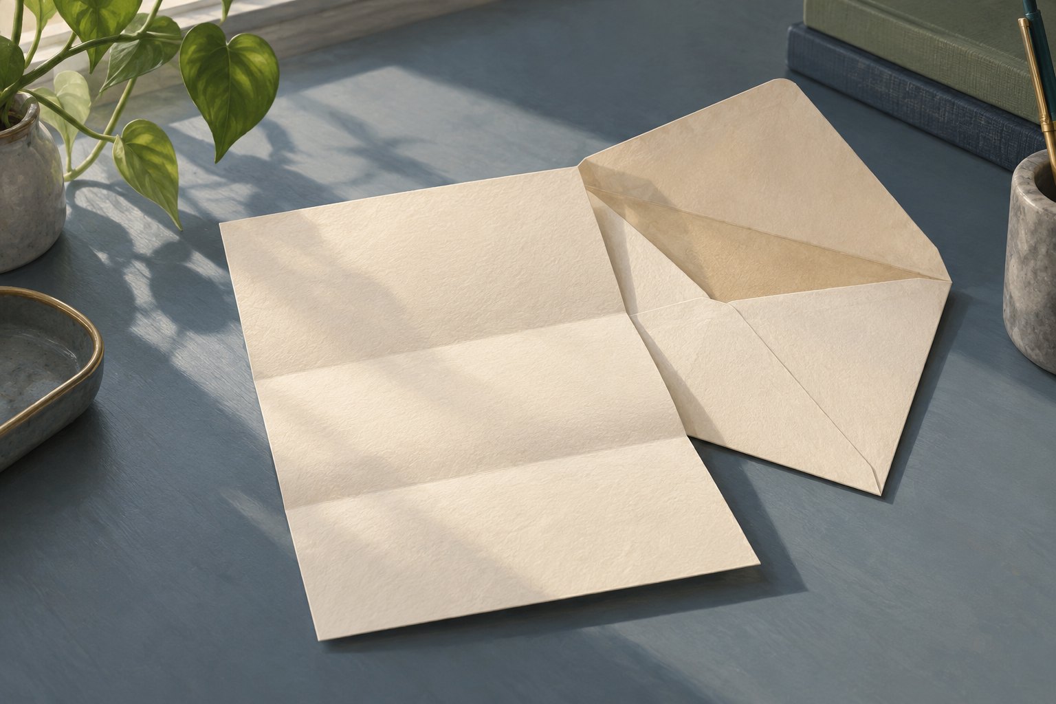 Illustration of a blank cream letter and open envelope on a blue-gray desk in soft daylight.
