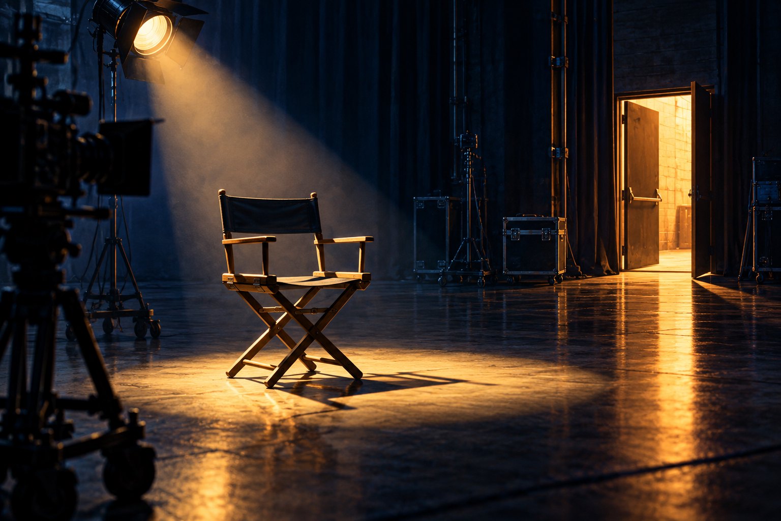 An empty actor’s chair beneath a spotlight on a dark soundstage beside an open, warmly lit door.
