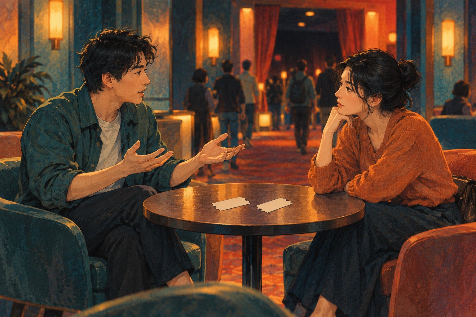 概念插画:两位观众在影院休息区交流观影感受,桌上放着两张空白票状纸片