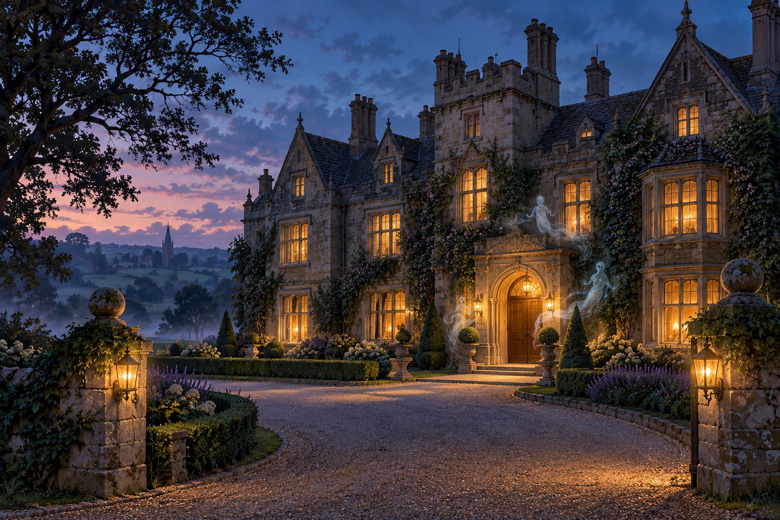 Concept illustration of a warmly lit English manor at twilight with translucent spirits near its entrance.