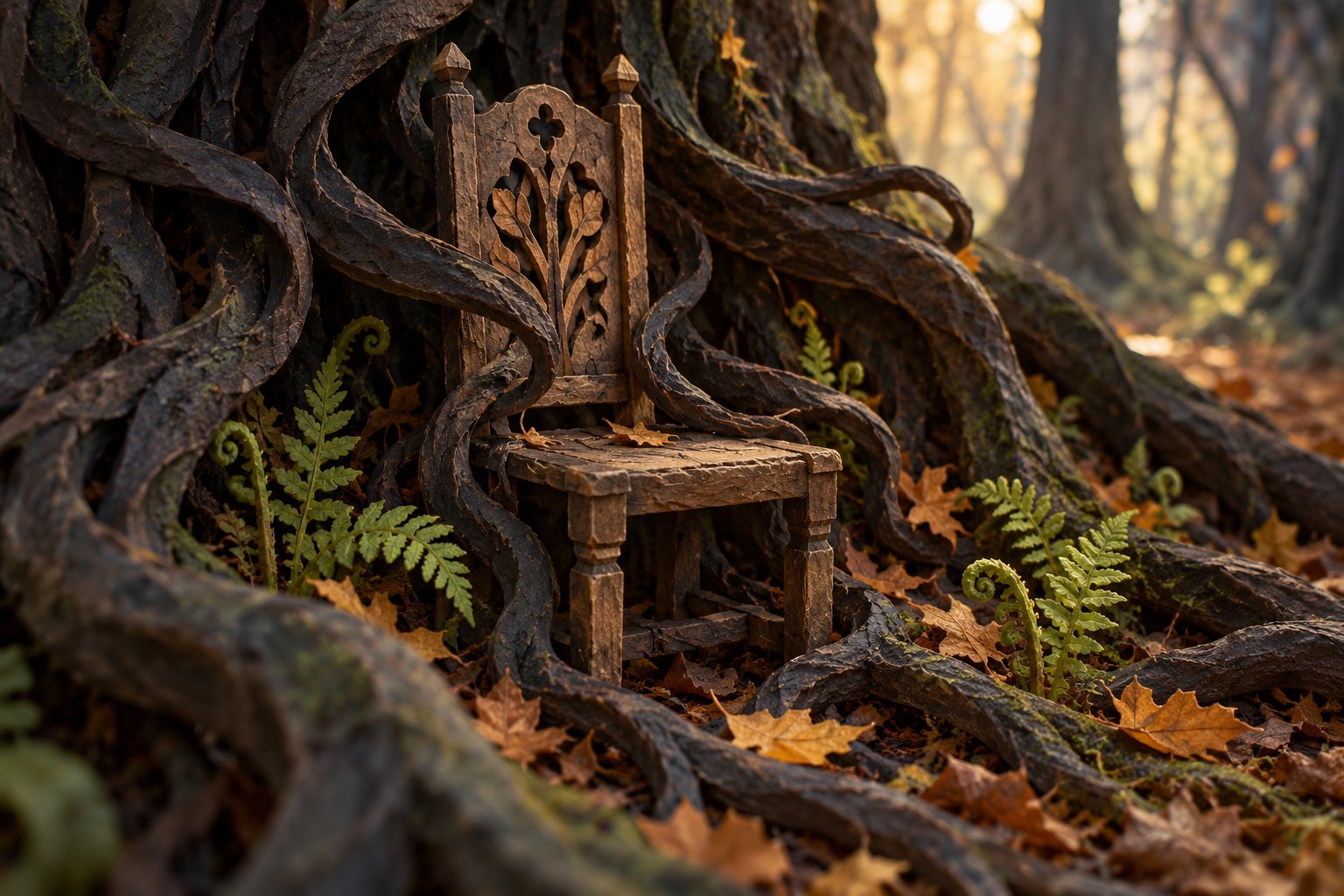 Symbolic editorial illustration of an empty wooden chair enclosed by roots, with ferns and fallen leaves on the forest floor.
