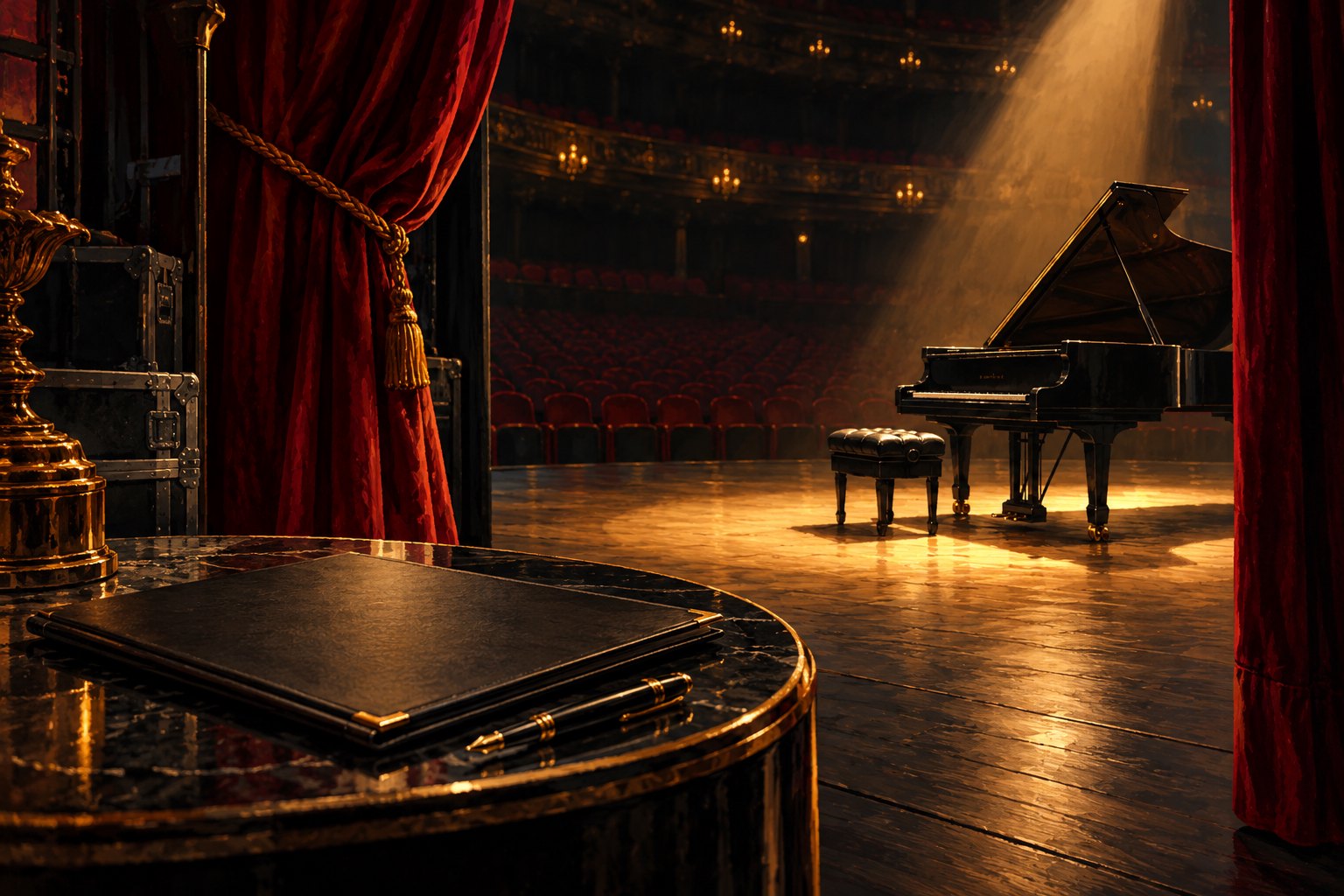 A closed folder and pen sit beside red stage curtains, with a grand piano illuminated on an empty stage.