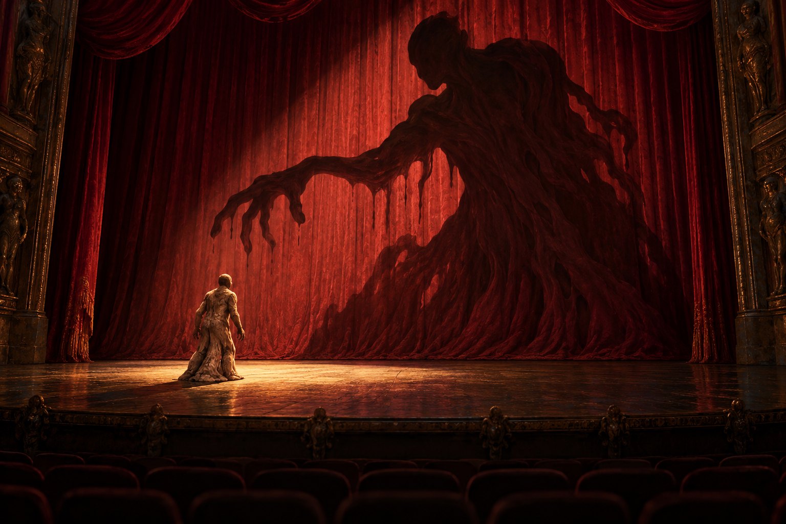 Conceptual illustration of a small clay figure on a theater stage casting an enormous distorted shadow onto a red curtain.
