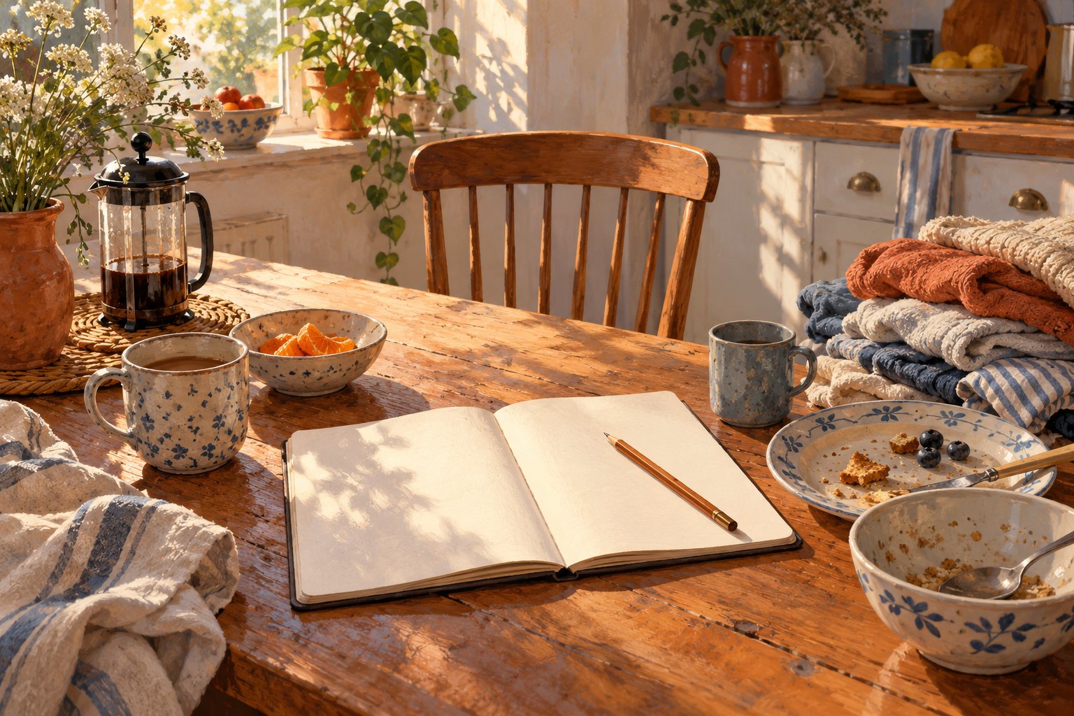Conceptual illustration of a blank notebook sharing a sunlit kitchen table with breakfast dishes and folded laundry.