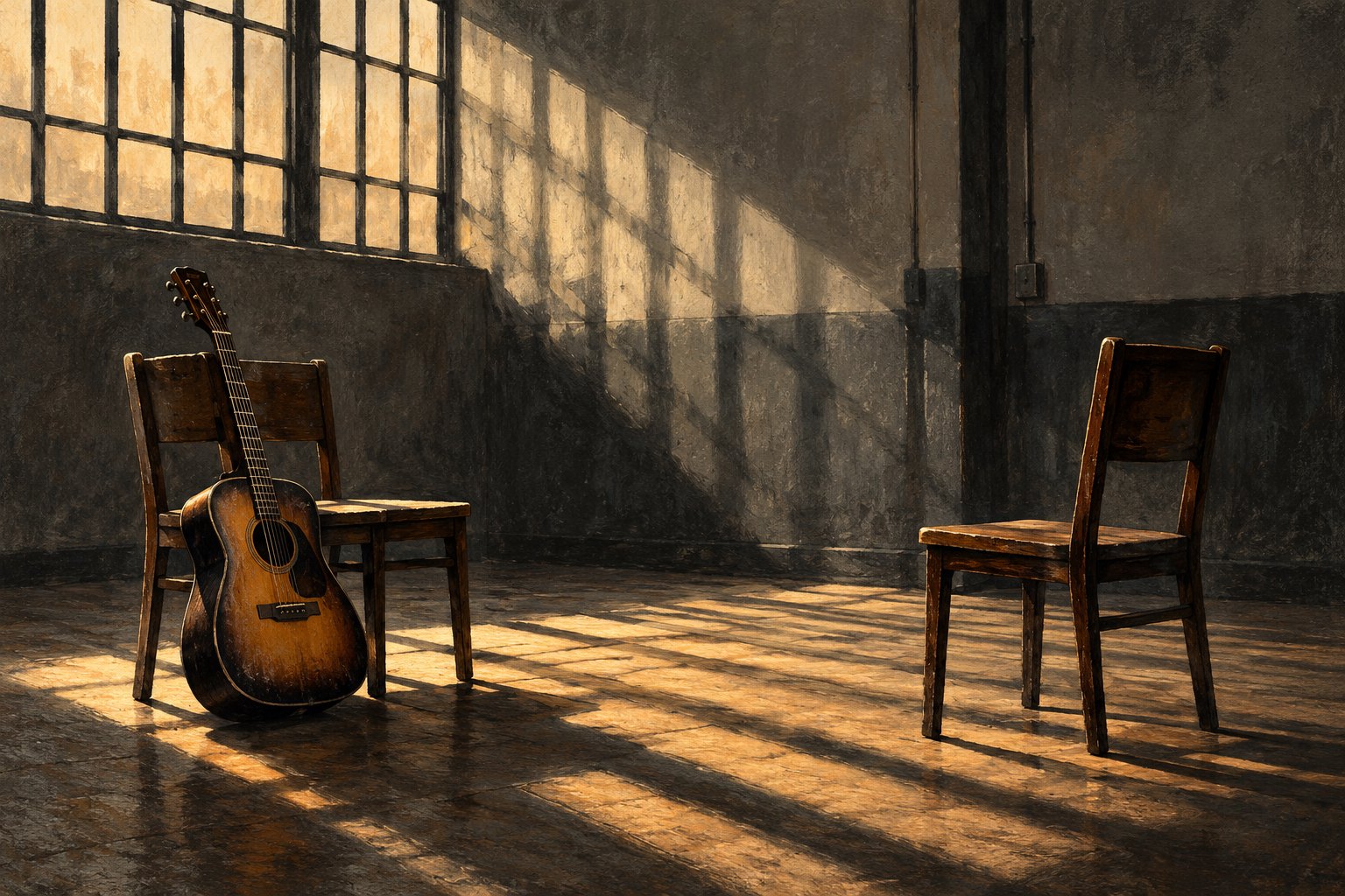 An acoustic guitar rests against one of two empty wooden chairs in a rehearsal room crossed by window shadows.