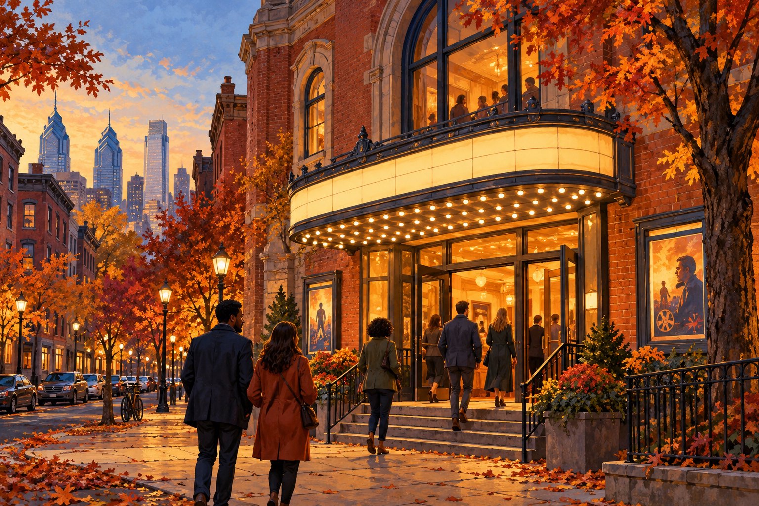 Editorial illustration of moviegoers approaching an imagined Philadelphia cinema beneath autumn trees at sunset.