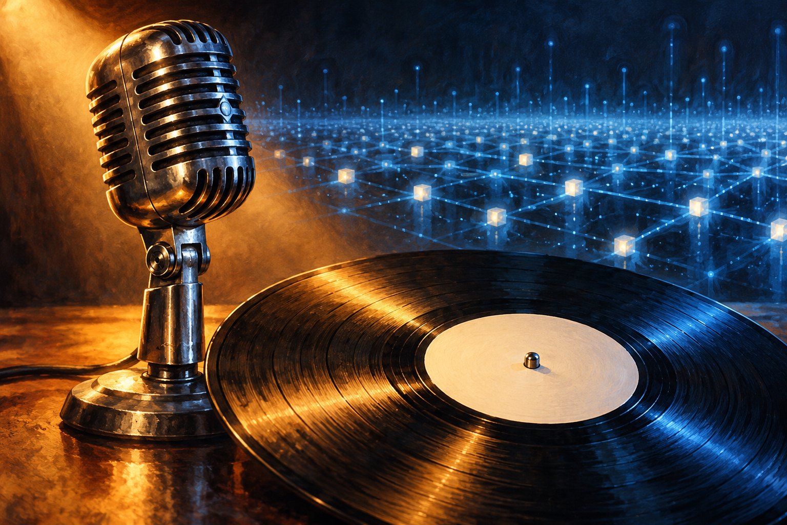 A vintage silver microphone and blank-label vinyl record glow against an abstract blue computing grid.