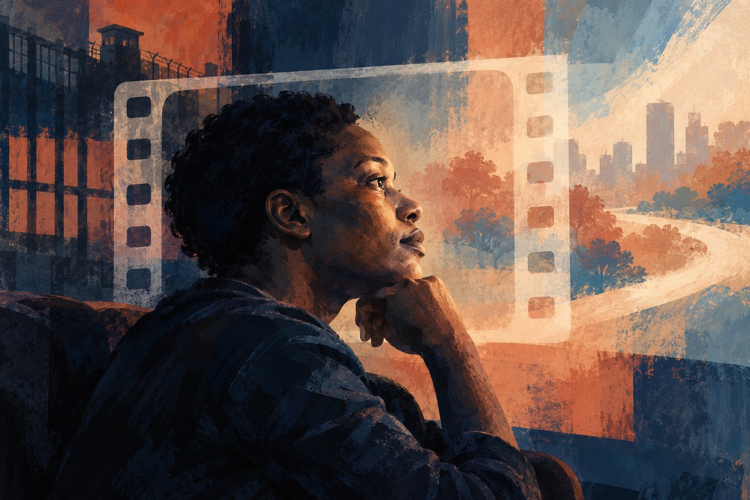 Conceptual illustration of a thoughtful viewer in profile, surrounded by a film frame and contrasting images of confinement and open space.