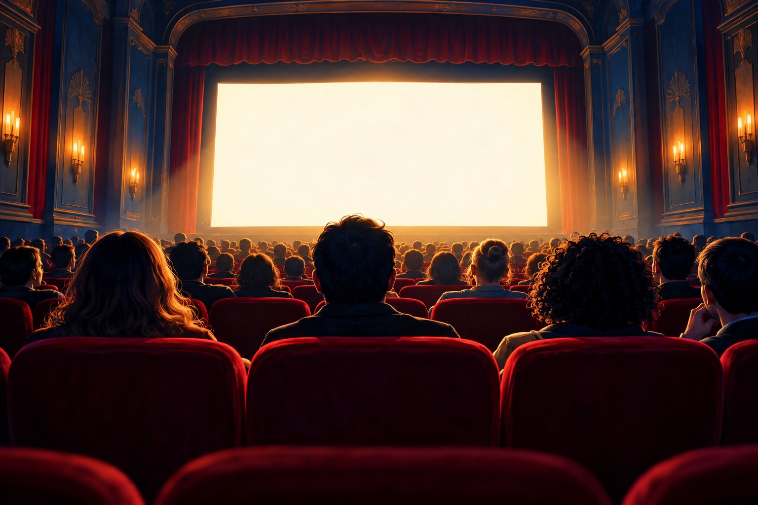An illustrated movie theater audience faces a glowing blank screen beneath an amber projector beam.