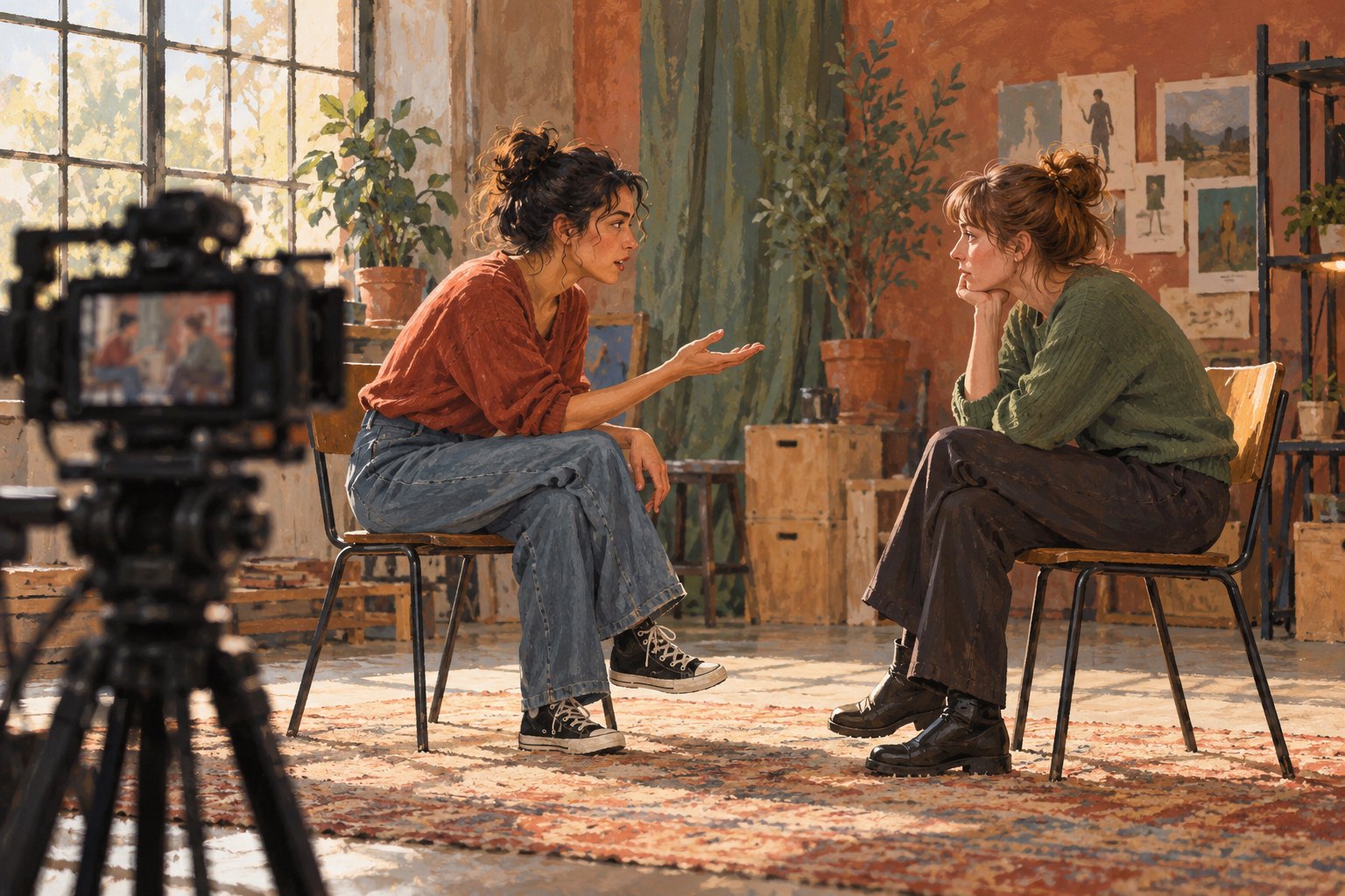 Conceptual illustration of two anonymous performers rehearsing face-to-face in a sunlit room with a camera in the foreground.