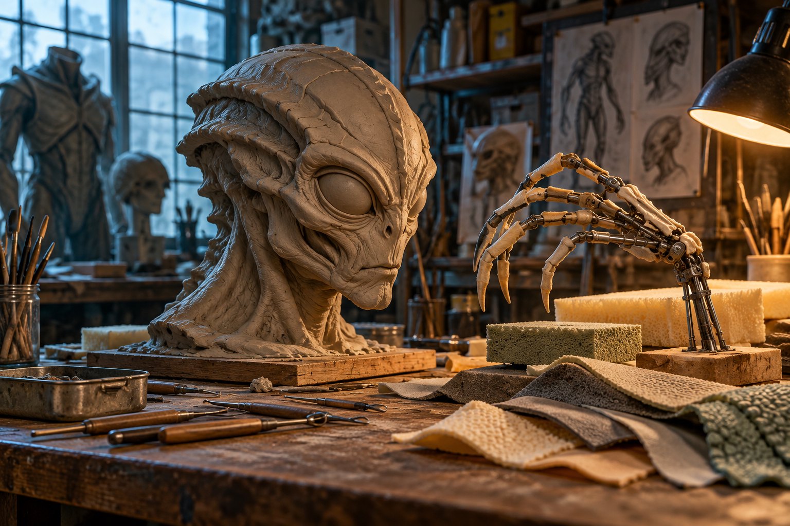 An unfinished clay creature head and articulated hand armature on a workshop bench with foam rubber and sculpting tools.