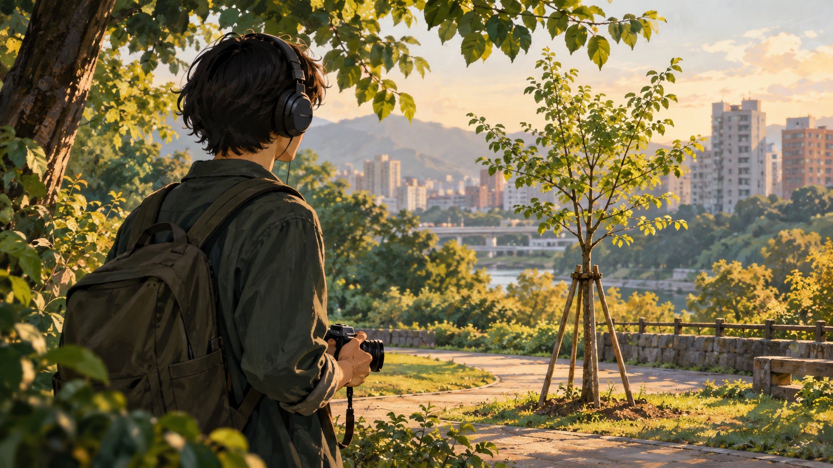 概念插畫:戴著耳機的創作者手持相機,在城市公園觀察一株年輕樹木