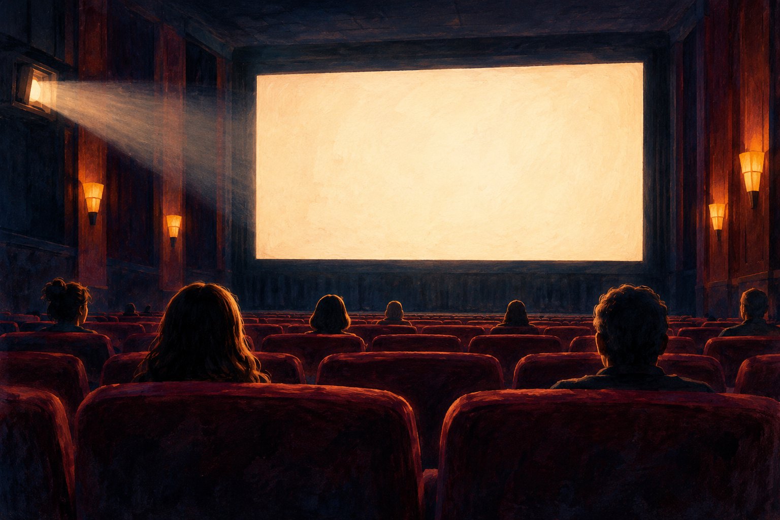 Conceptual illustration of moviegoers facing a glowing blank screen in a dimly lit theater.