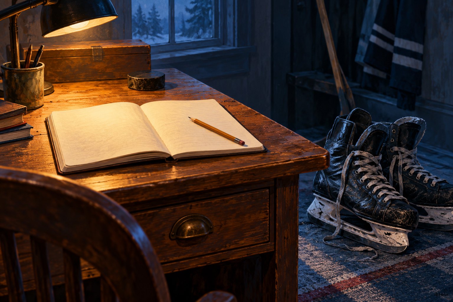 Illustration of an open blank notebook and pencil on a lamplit wooden desk beside worn hockey skates.