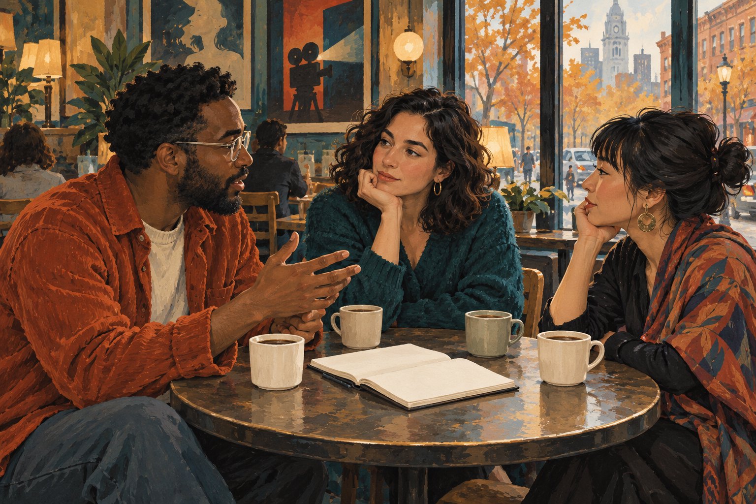 Editorial illustration of three moviegoers discussing a film over coffee beside a blank notebook in an imagined Philadelphia cafe.
