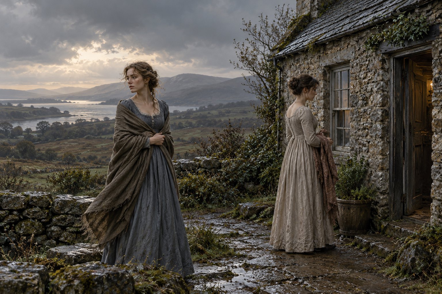 Original period illustration of two sisters in modest dresses outside a weathered stone cottage beneath an overcast sky.