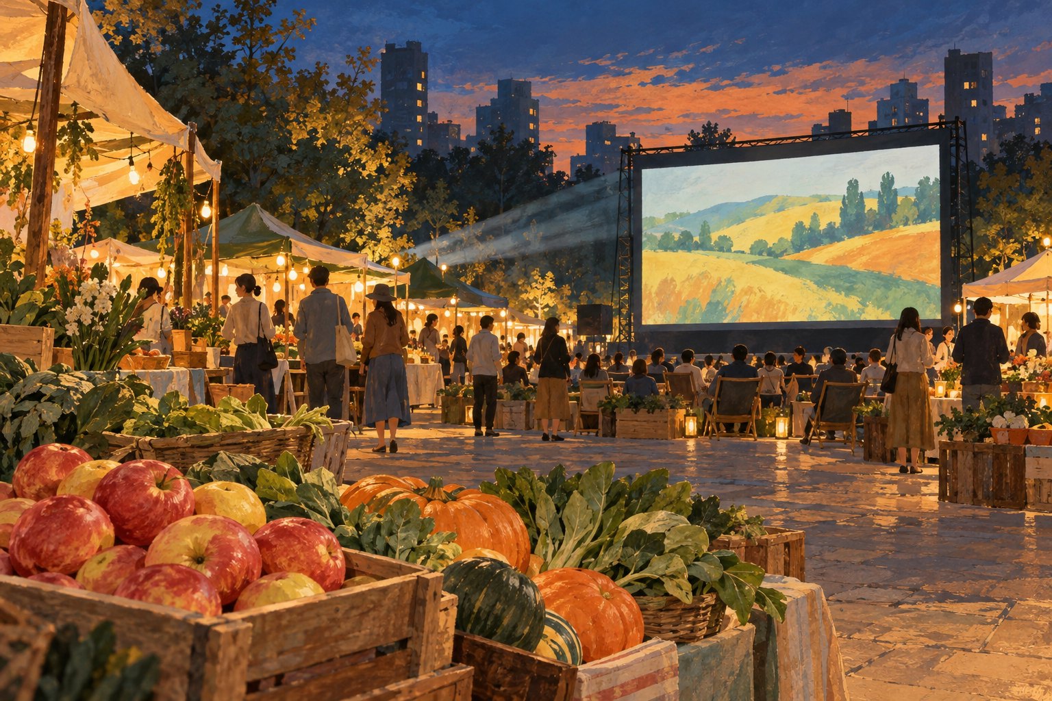 概念插画:暮色中的农产品市集与露天银幕相映,前景摆放果蔬木筐