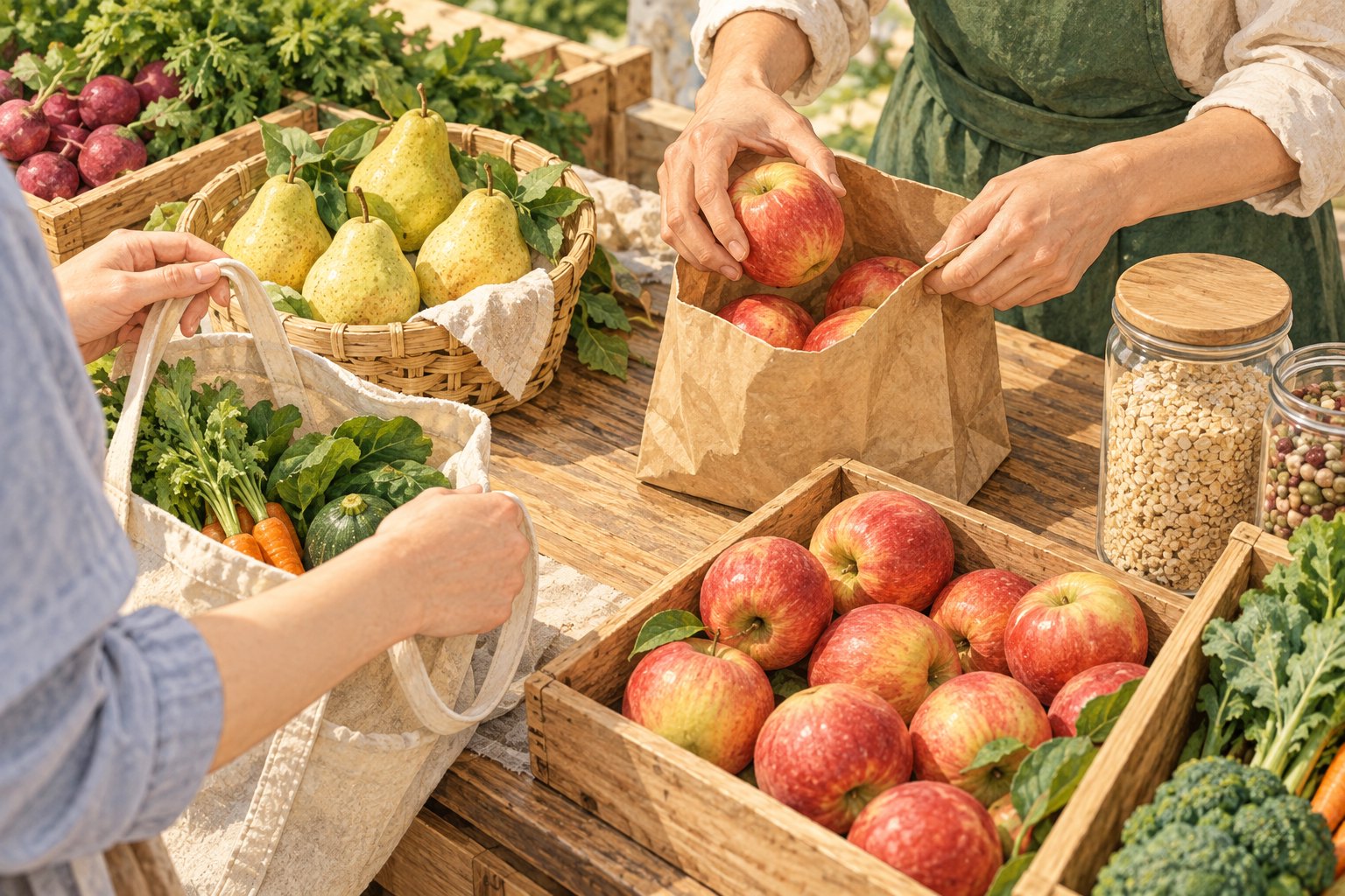 概念插画:农产品摊位前,摊主将苹果装入纸袋,顾客手扶装着蔬菜的购物袋