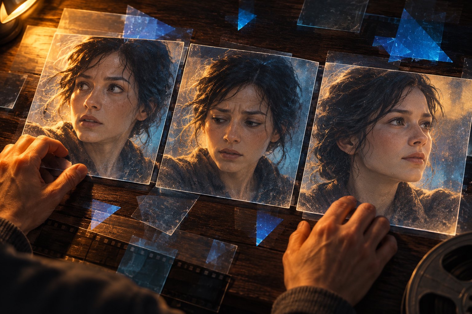 Conceptual illustration of an editor arranging three translucent portraits of a fictional woman with changing expressions.