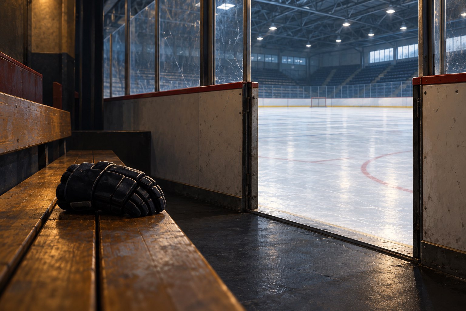 Conceptual illustration of a dark hockey glove on an empty wooden bench overlooking a vacant ice rink.